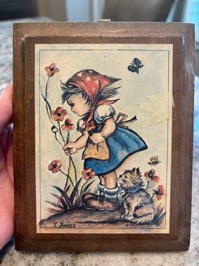 Vintage T. Jones Wood Plaque with Hand-Painted Ill